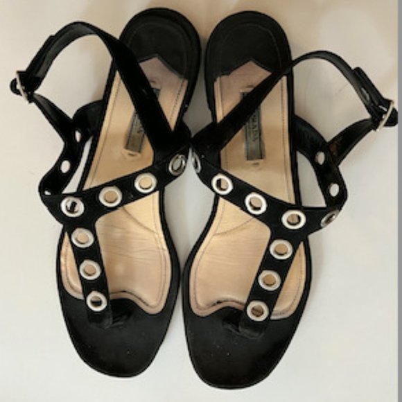 Women's Prada Black suede thong sandals with silver-tone grommets - Picture 1 of 3